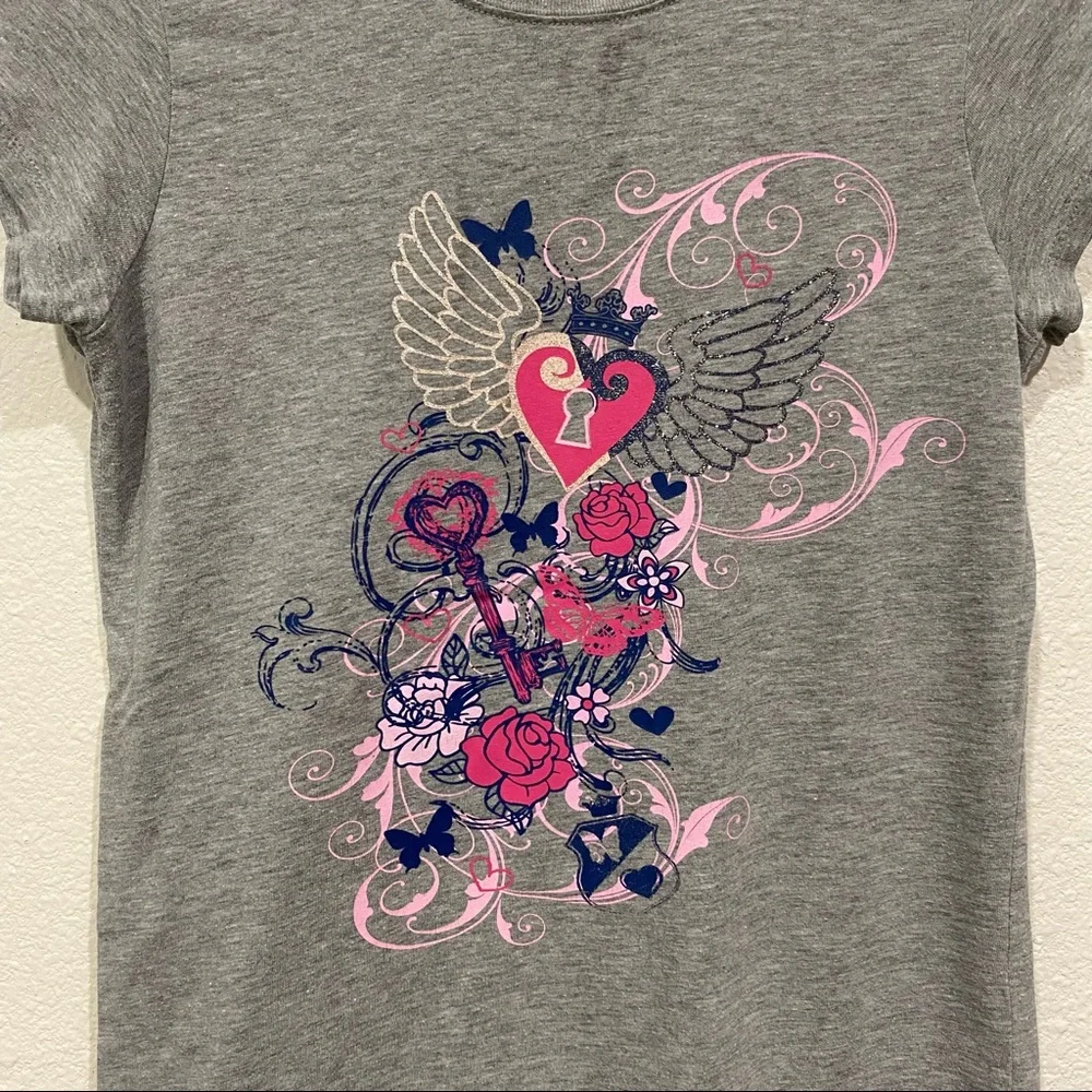 Kids The Children's Place Girls Gray Pink Glitter Floral T-Shirt 13/14